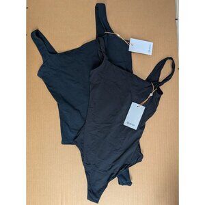 Quince 2-Second Skin Square Neck Bodysuits Black/Black Women Small - NEW